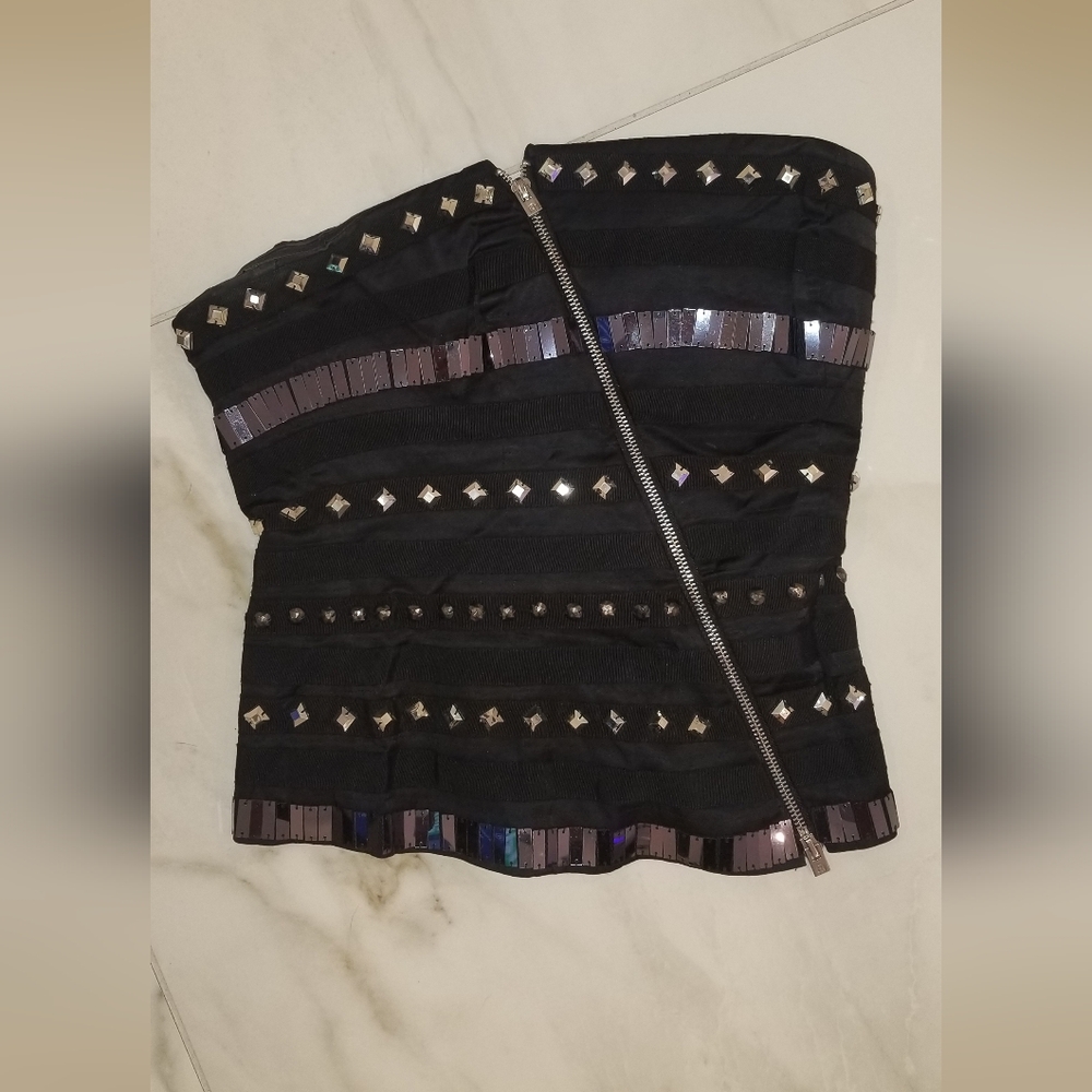 Bebe Stylish Black Strapless Top with Silver Accents. Bustier corset top.